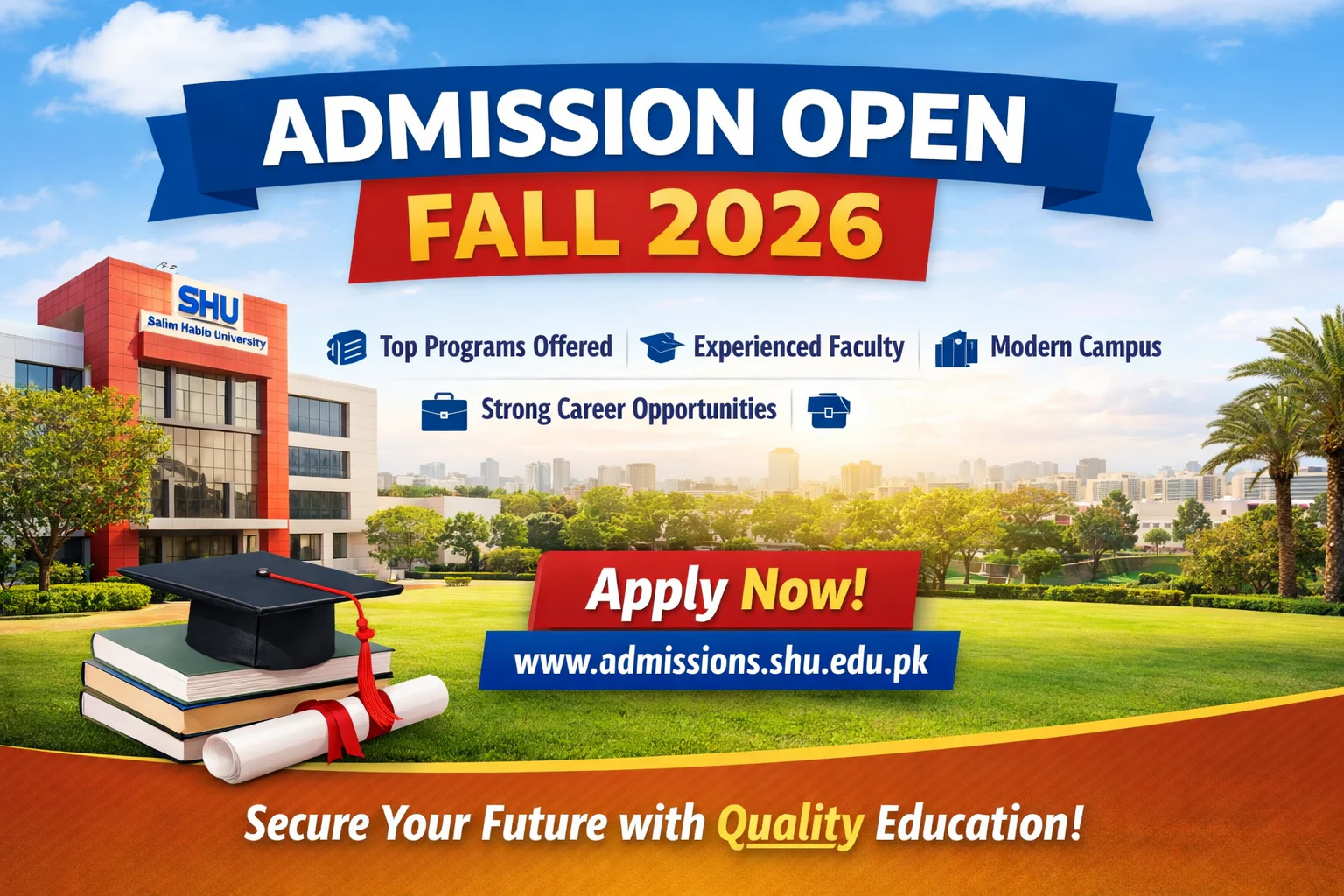 Admission Open Fall 2026 at Salim Habib University with modern campus illustration and students studying, highlighting quality education and apply now call to action