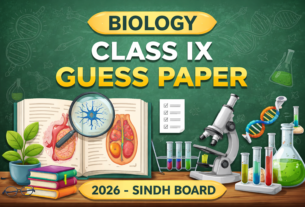 Biology Class IX Guess Paper 2026 Sindh Board featured image with scientific background, microscope, DNA structure, test tubes, and biology-related illustrations representing exam preparation.