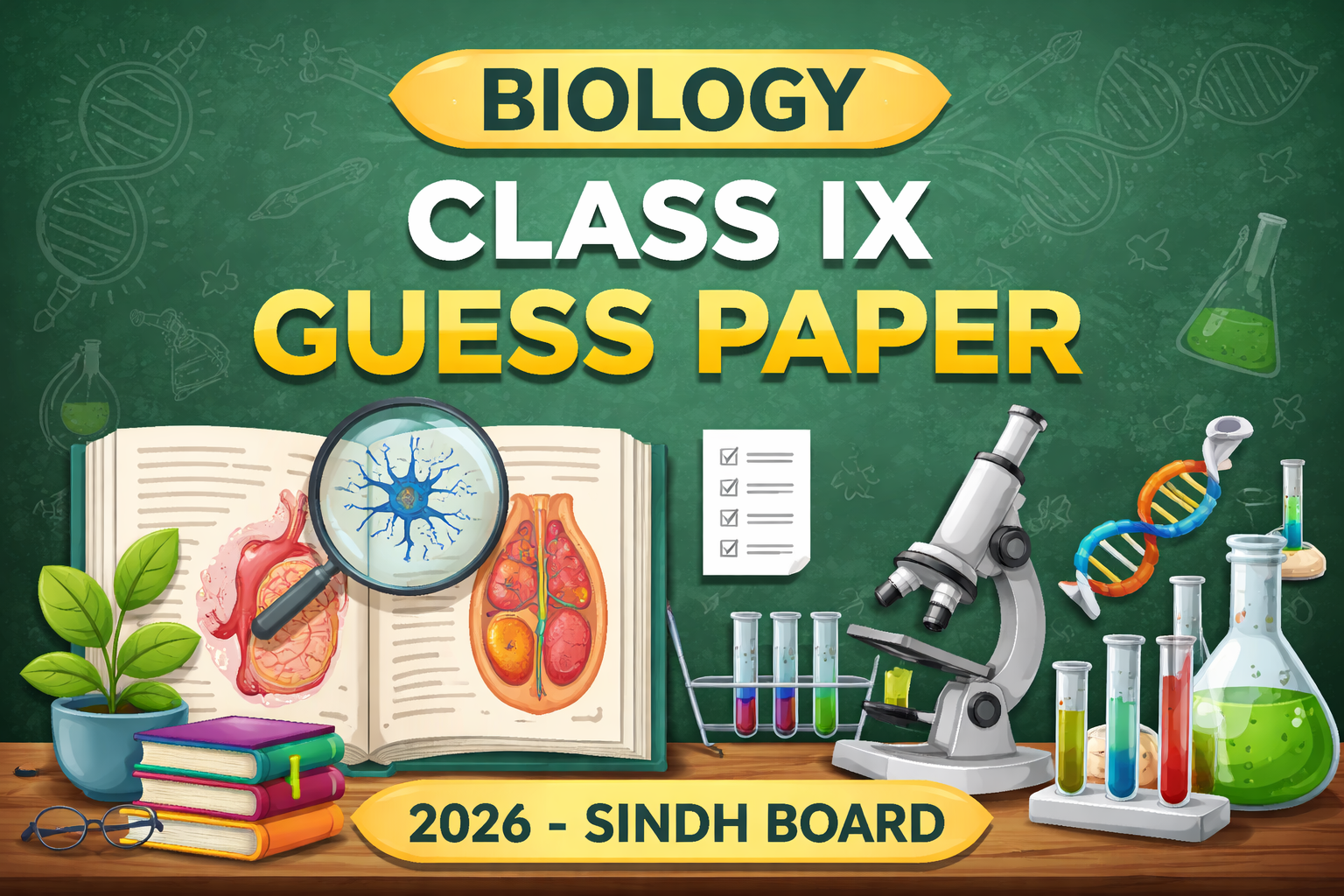 Biology Class IX Guess Paper 2026 Sindh Board featured image with scientific background, microscope, DNA structure, test tubes, and biology-related illustrations representing exam preparation.