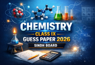 Chemistry Class IX Guess Paper 2026 Sindh Board with molecular structure and lab equipment design