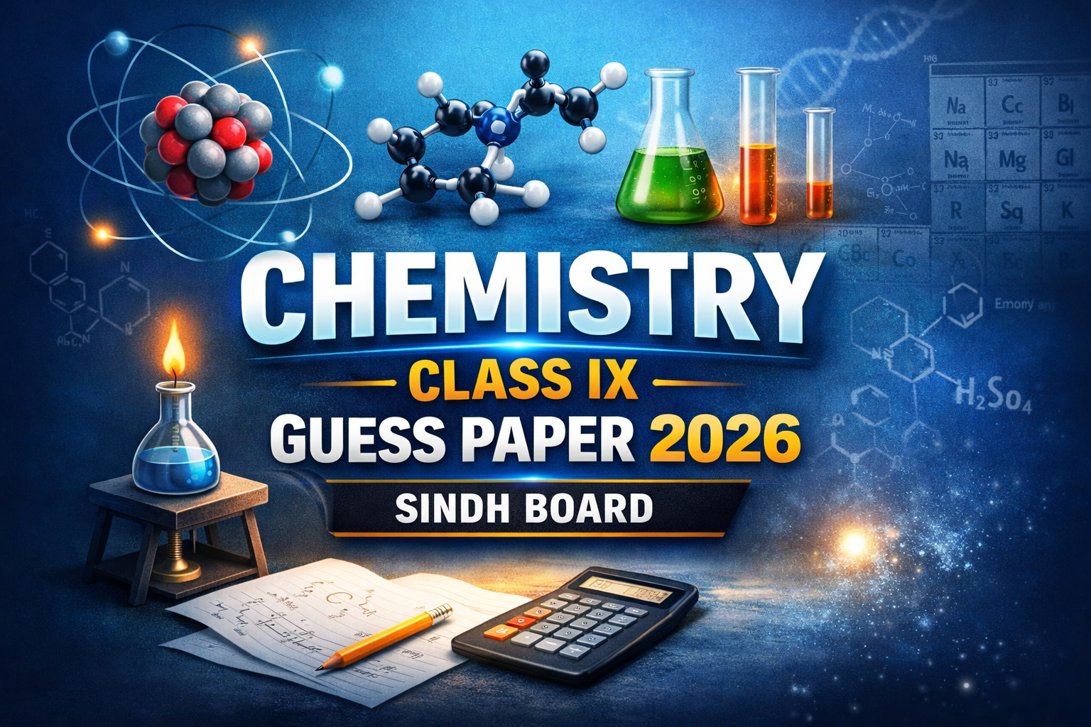 Chemistry Class IX Guess Paper 2026 Sindh Board with molecular structure and lab equipment design