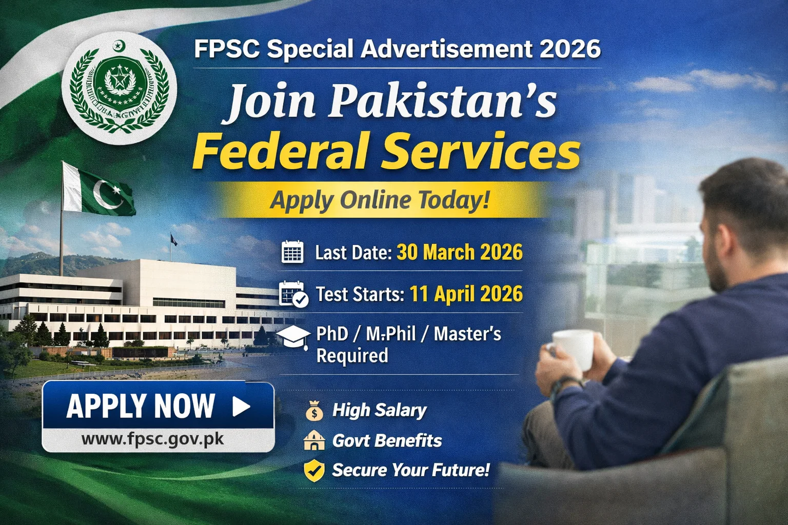 FPSC Special Advertisement 2026 banner showing Federal Public Service Commission jobs, Chief Psychologist BS-20 position, last date 30 March 2026, apply online button, Pakistan Parliament building and professional interview scene