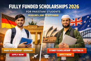 Two young Pakistani male students holding books and a laptop, representing fully funded scholarships 2026 for Germany (DAAD) and Australia (Sydney), with Germany and Australia landmarks and flags in the background, promoting study opportunities for Pakistani students.