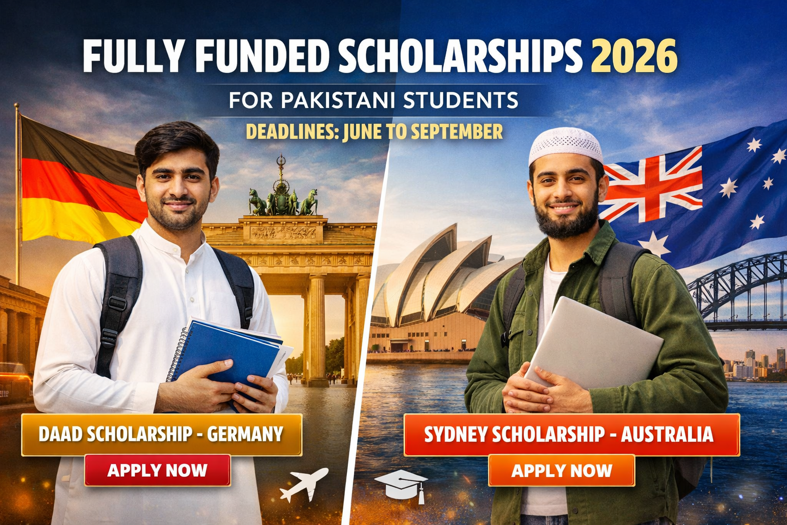 Two young Pakistani male students holding books and a laptop, representing fully funded scholarships 2026 for Germany (DAAD) and Australia (Sydney), with Germany and Australia landmarks and flags in the background, promoting study opportunities for Pakistani students.