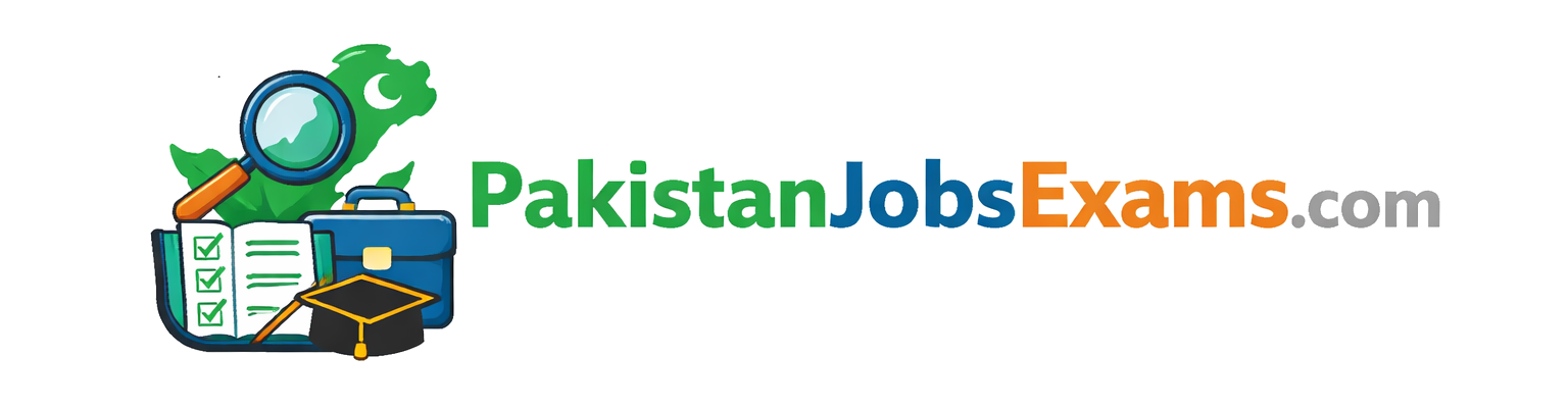 Logo banner for PakistanJobsExams.com featuring green map of Pakistan with crescent and star, magnifying glass, briefcase, checklist, and graduation cap icons on the left, and the text ‘PakistanJobsExams.com’ in green, blue, and orange on a white background.