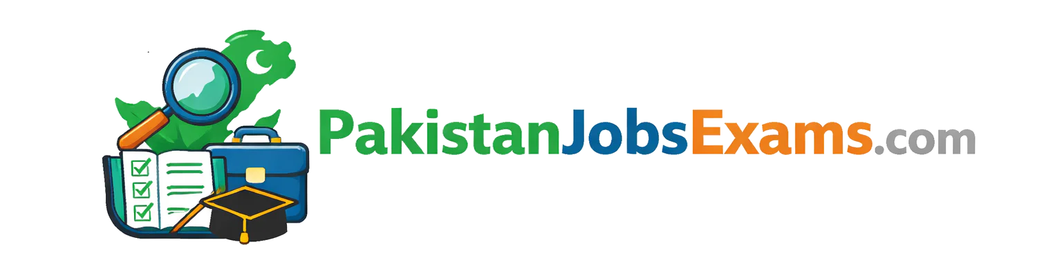 Logo banner for PakistanJobsExams.com featuring green map of Pakistan with crescent and star, magnifying glass, briefcase, checklist, and graduation cap icons on the left, and the text ‘PakistanJobsExams.com’ in green, blue, and orange on a white background.