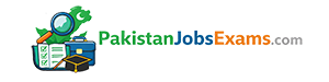 Logo banner for PakistanJobsExams.com featuring green map of Pakistan with crescent and star, magnifying glass, briefcase, checklist, and graduation cap icons on the left, and the text ‘PakistanJobsExams.com’ in green, blue, and orange on a white background.