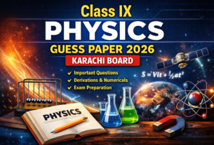 Physics Class IX 2026 guess paper Karachi Board with derivations, important questions, and science themed illustration