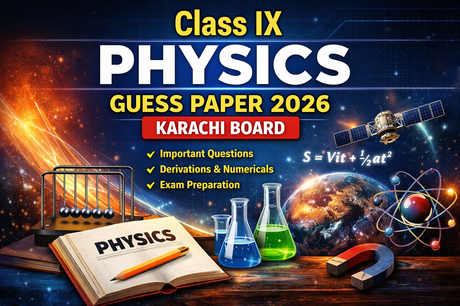 Physics Class IX 2026 guess paper Karachi Board with derivations, important questions, and science themed illustration