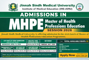 Jinnah Sindh Medical University MHPE Admission 2026 advertisement showing eligibility criteria, important dates, and admission process