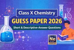 Class X Chemistry Guess Paper 2026 featured image with chemistry icons and student studying illustration