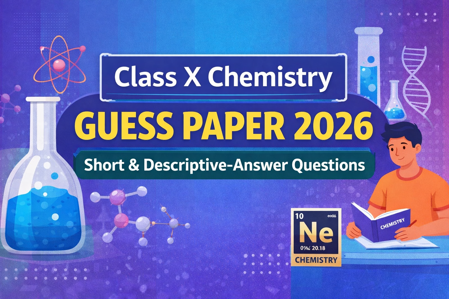 Class X Chemistry Guess Paper 2026 featured image with chemistry icons and student studying illustration