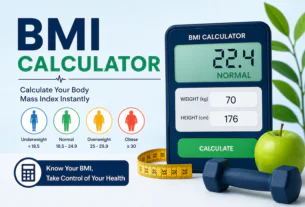 BMI Calculator illustration showing weight and height measurement with body mass index result chart