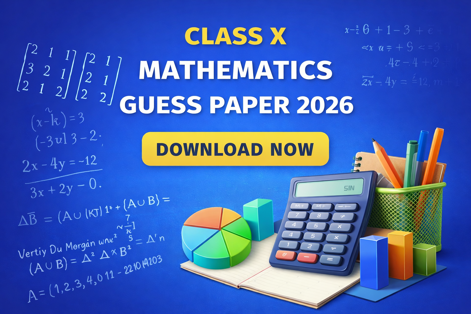 Class X Mathematics Guess Paper 2026 featured image with math formulas, notebook and study elements