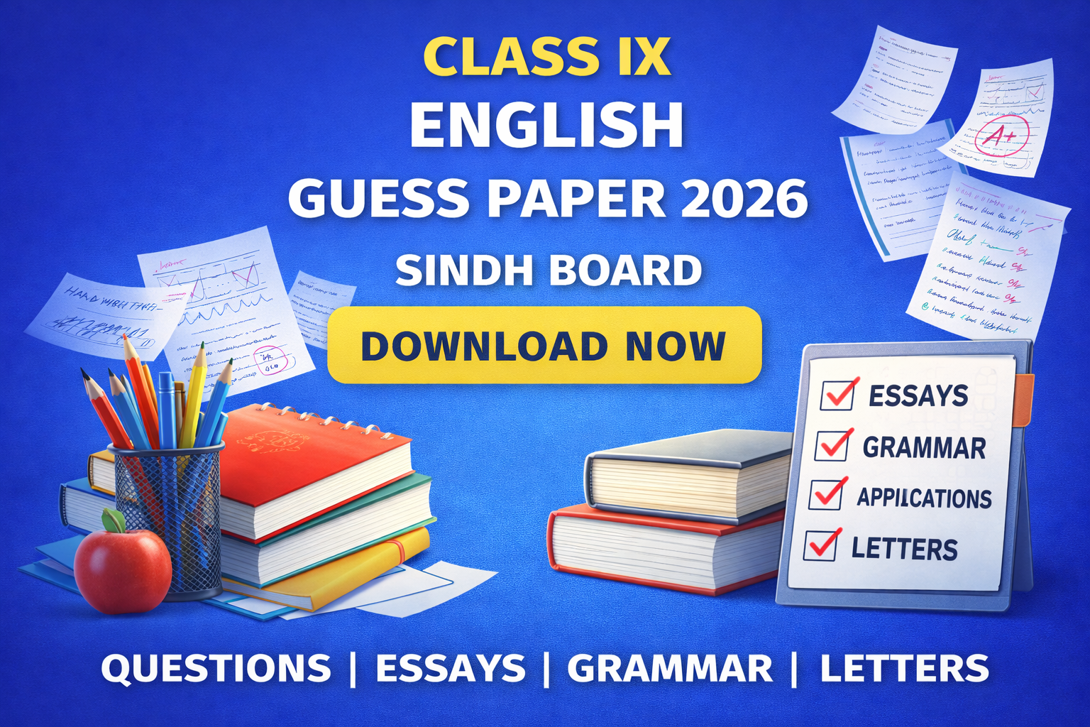 Class IX English Guess Paper 2026 featured image with books, notebook and exam preparation theme.