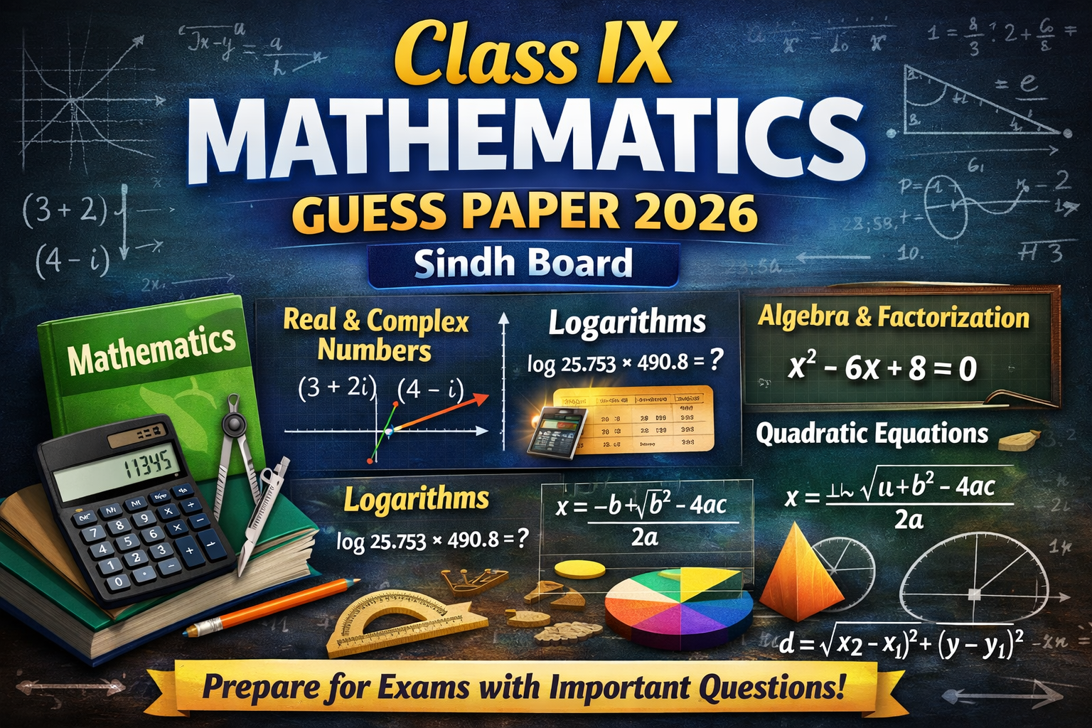 Class IX Mathematics Guess Paper 2026 Sindh Board with algebra, logarithms, quadratic equations and coordinate geometry topics