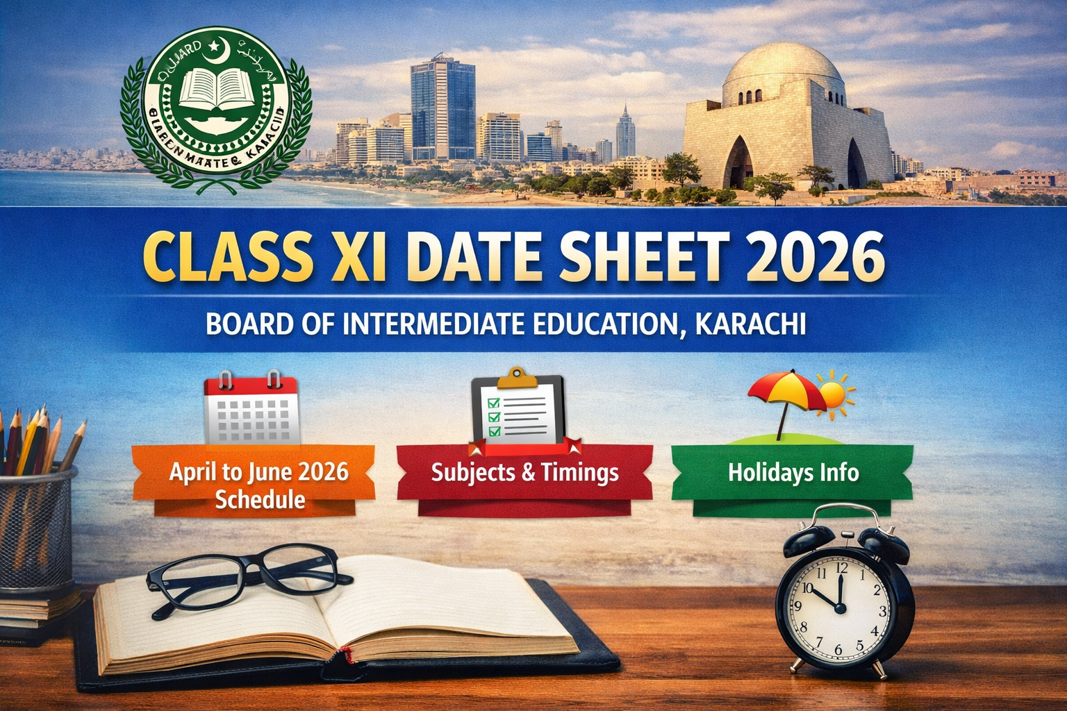 Class XI Date Sheet 2026 Karachi Board BIEK exam schedule April May June subjects timings and holidays.