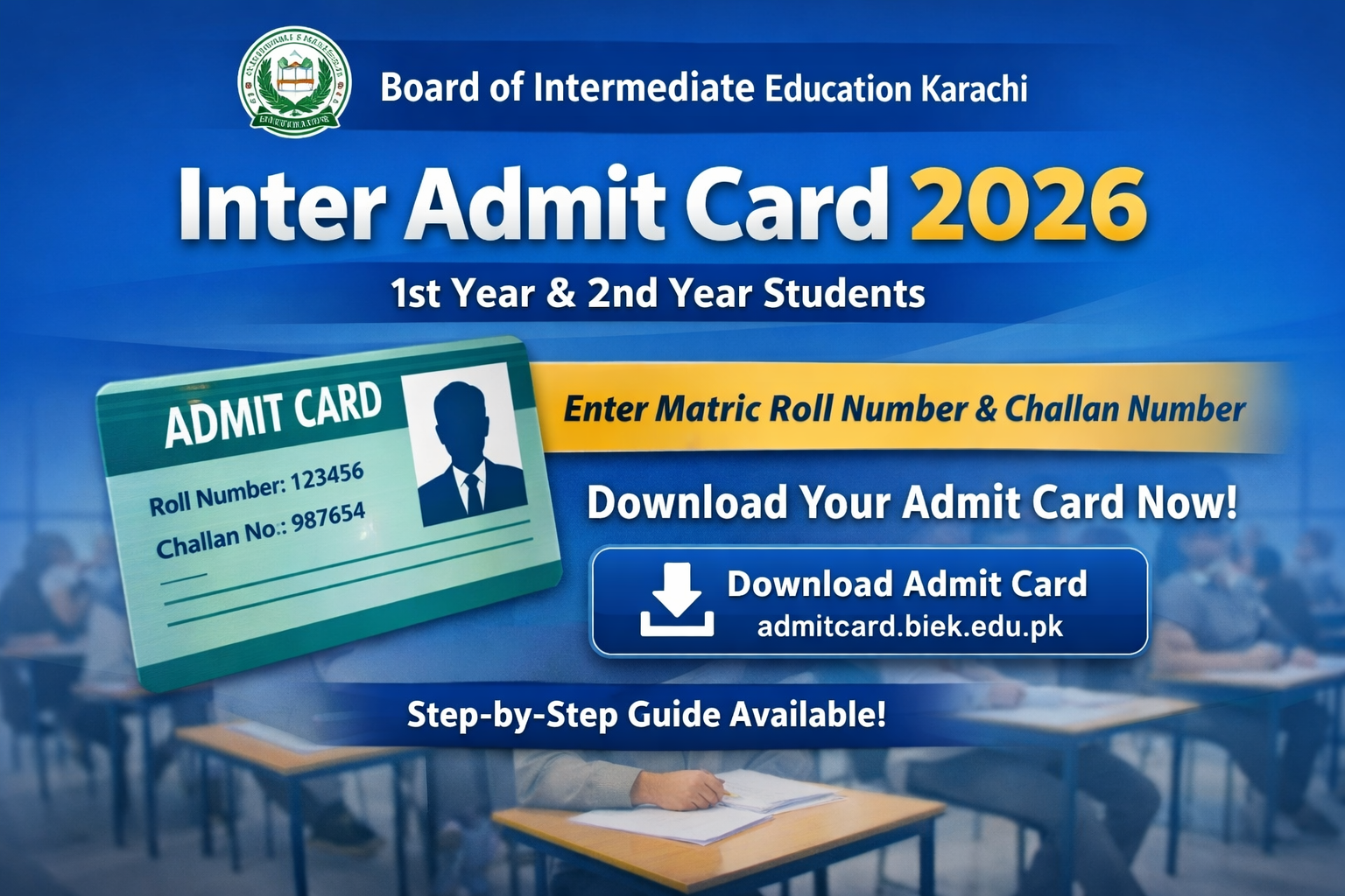 Inter Admit Card 2026 BIEK Karachi download guide for 1st and 2nd year students with matric roll number and challan number instructions featured image