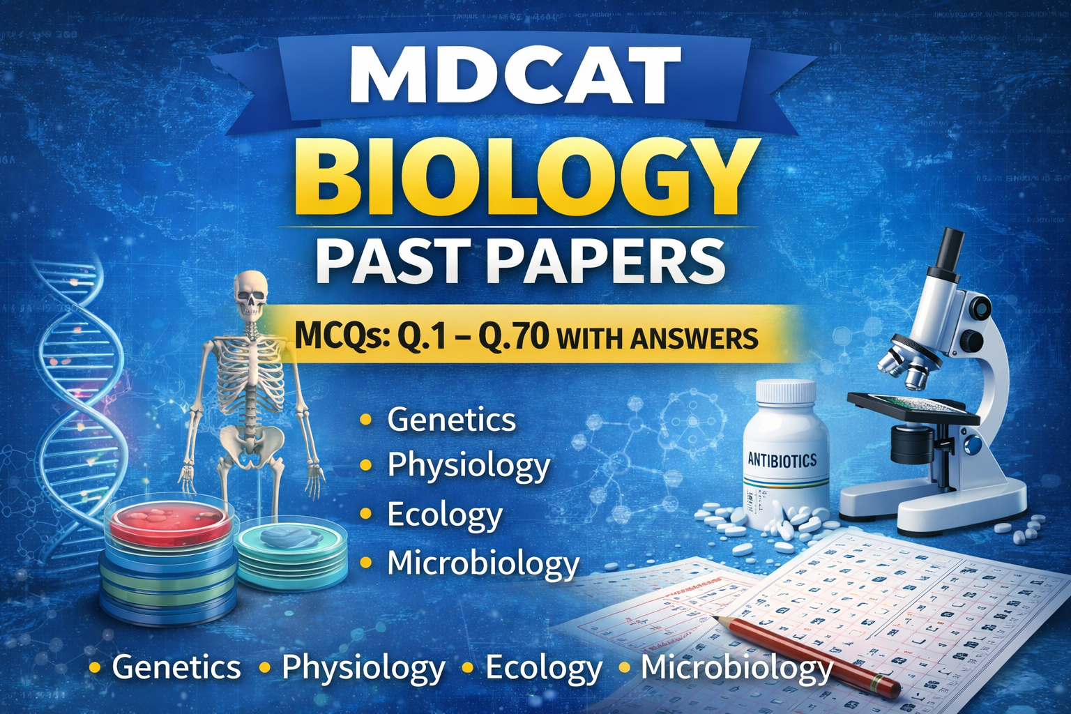 MDCAT Biology Past Papers banner featuring MCQs from Q1 to Q70 with answers, including topics like genetics, human physiology, ecology, and microbiology, with visuals of DNA helix, cells, microscope, and biological diagrams on a green educational background.
