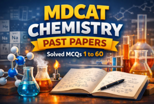 MDCAT Chemistry Past Papers featured image showing lab equipment, molecular structures, and solved MCQs 1 to 60 title design