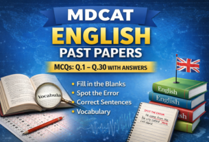 MDCAT English Past Papers banner featuring MCQs from Q1 to Q30 with answers, including sections like Fill in the Blanks, Spot the Error, Correct Sentences, and Vocabulary, with visuals of books, dictionary, answer sheet, and study materials on a blue educational background