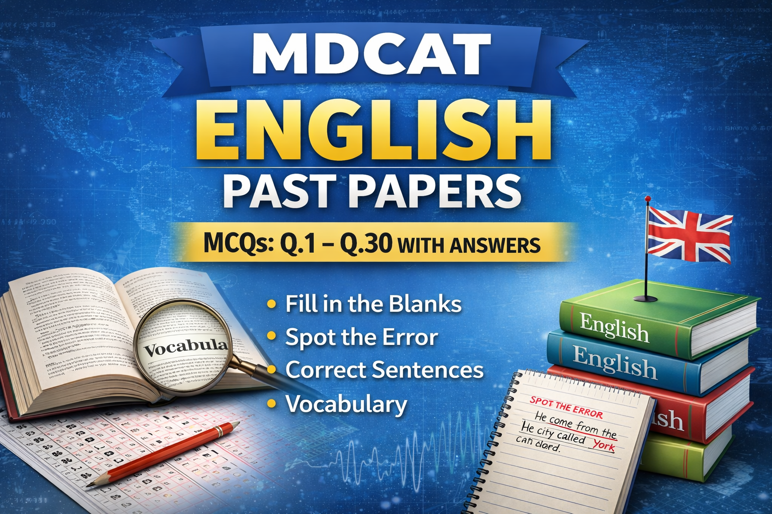 MDCAT English Past Papers banner featuring MCQs from Q1 to Q30 with answers, including sections like Fill in the Blanks, Spot the Error, Correct Sentences, and Vocabulary, with visuals of books, dictionary, answer sheet, and study materials on a blue educational background