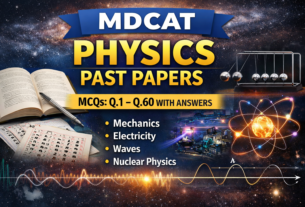 MDCAT Physics Past Papers banner featuring bold title text with MCQs from Q1 to Q60, scientific visuals including atomic model, Newton’s cradle, wave patterns, and study materials on a space-themed background highlighting topics like mechanics, electricity, waves, and nuclear physics.