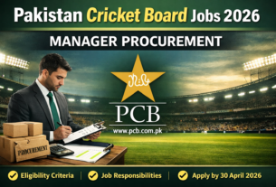 Pakistan Cricket Board Jobs 2026 featured image showing Manager Procurement position with PCB logo, cricket stadium background, and application deadline 30 April 2026.