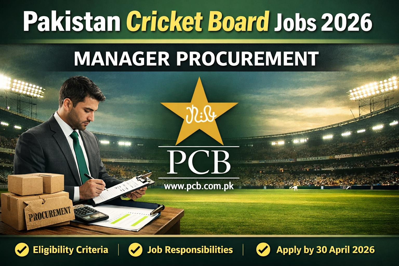 Pakistan Cricket Board Jobs 2026 featured image showing Manager Procurement position with PCB logo, cricket stadium background, and application deadline 30 April 2026.