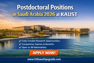 Postdoctoral Positions in Saudi Arabia 2026 at KAUST featured image showing a modern university campus by the sea with highlights of fully funded research opportunities, competitive salaries, and open applications for all nationalities.