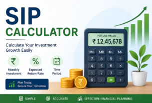 SIP Calculator featured image showing a modern financial planning concept with a calculator displaying investment growth, stacked coins, upward growth chart, and icons for monthly investment, return rate, and time period on a clean green-blue themed background.