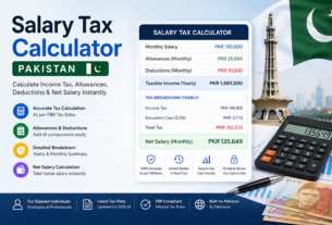 Salary Tax Calculator Pakistan showing income tax calculation, allowances, deductions, and net salary breakdown with FBR tax slabs for salaried individuals