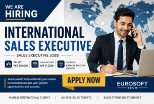 International Sales Executive job banner for Sales Executive Jobs at Eurosoft Tech Karachi showing salary PKR 100,000, hiring announcement, and apply now call to action