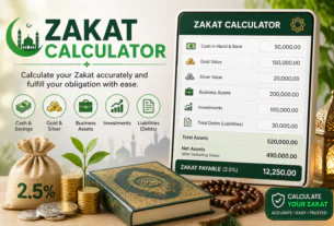 Zakat Calculator illustration showing calculation of zakat on cash, gold, silver, and assets with Islamic theme