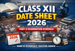 Class XII Date Sheet 2026 Karachi Board Part II exam schedule with subjects, dates and timings displayed in a modern educational design
