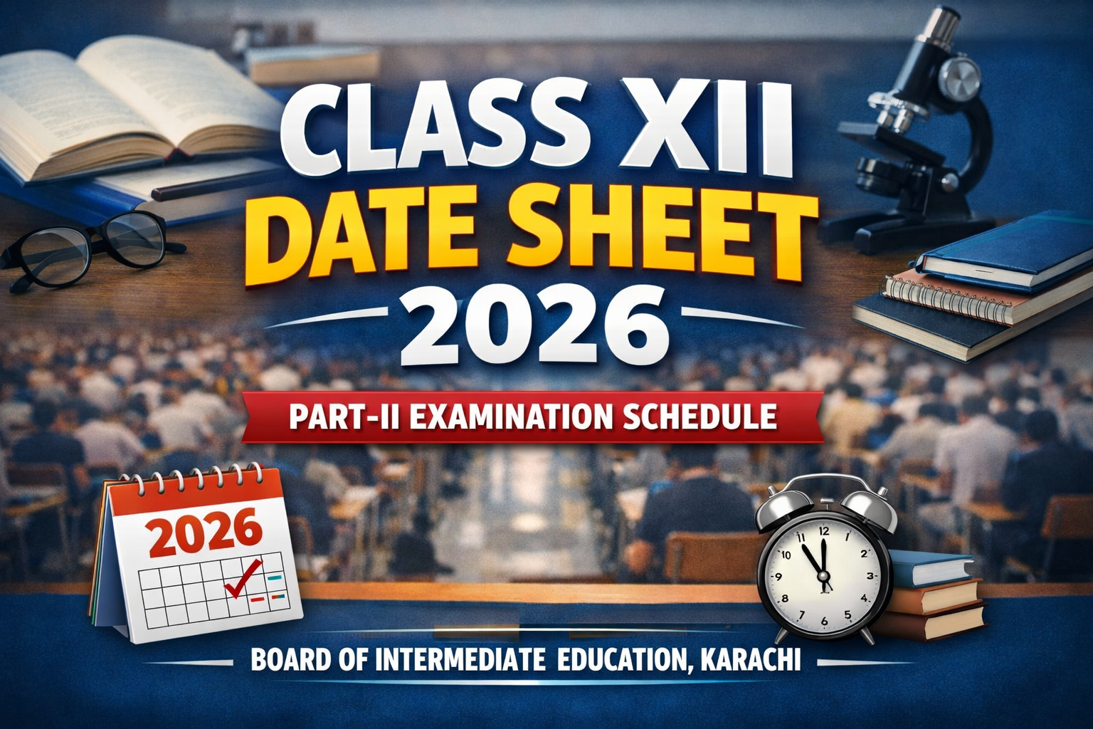 Class XII Date Sheet 2026 Karachi Board Part II exam schedule with subjects, dates and timings displayed in a modern educational design